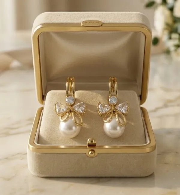 Gold_Plated_Pearl_Drop_Earrings_With_Crystal_Bow_Design