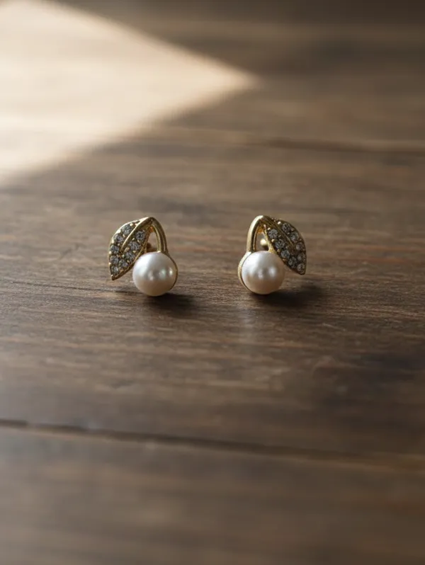 Pearl_And_Crystal_Leaf_Stud_Earrings_Gold_Tone