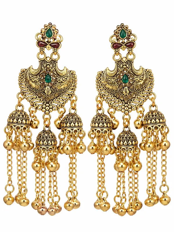 Traditional_Gold_Toned_Chandbali_Earrings_With_Green_Stones_And_Jhumka_Danglers