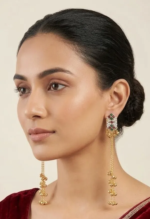 Traditional_Gold_Toned_Kundan_Style_Long_Chain_Earrings_With_Green_And_Pink_Stones