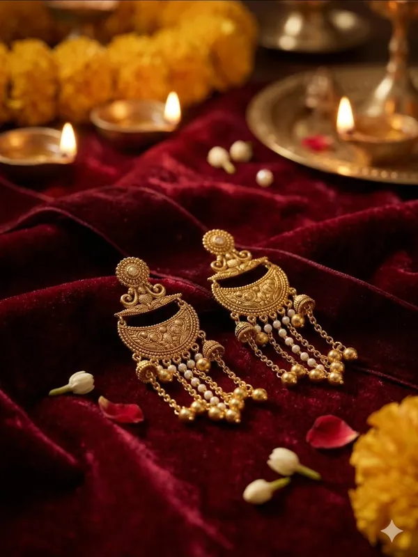 Antique_Gold_Plated_Chandbali_Earrings_With_Dangling_Beads