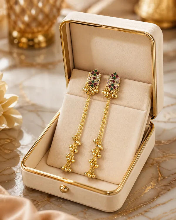 Traditional_Gold_Toned_Kundan_Style_Long_Chain_Earrings_With_Green_And_Pink_Stones