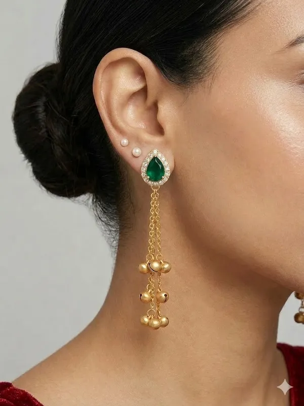 Elegant_Green_Stone_Drop_Earrings_With_Golden_Bead_Chain