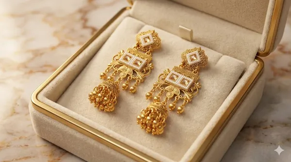 Gold_Toned_Kundan_Jhumka_Earrings_With_White_Stones