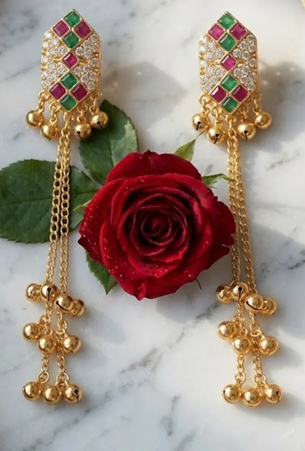 Traditional_Gold_Toned_Kundan_Style_Long_Chain_Earrings_With_Green_And_Pink_Stones