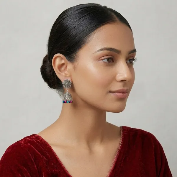 Oxidized_Silver_Jhumka_Earrings_With_Multicolor_Bead_Danglers