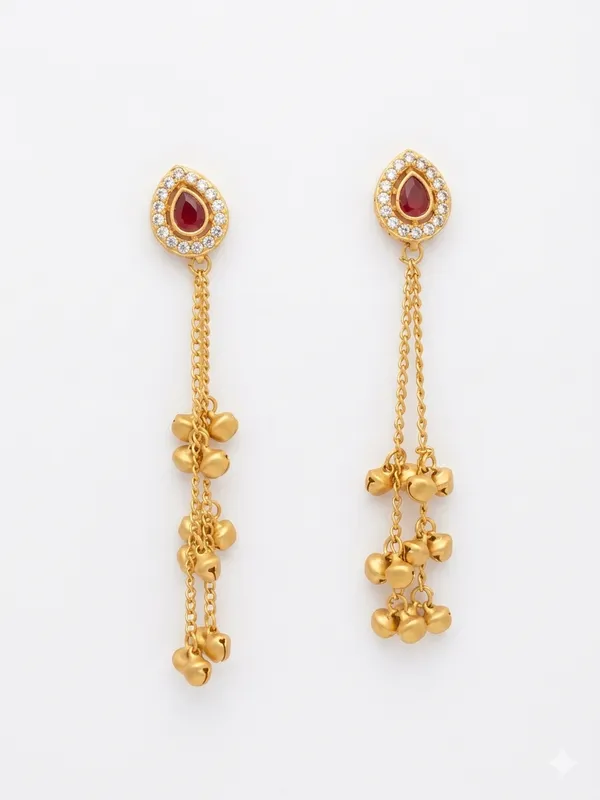 Gold_Plated_Ruby_Red_Stone_Dangling_Earrings_With_Floral_Charms