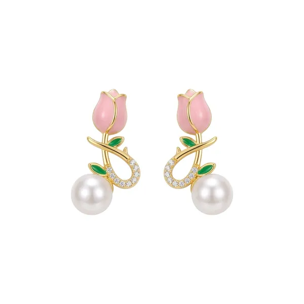 Elegant_Pearl_Drop_Floral_Earrings_With_Pink_Tulip_And_Gold_Rose_Design
