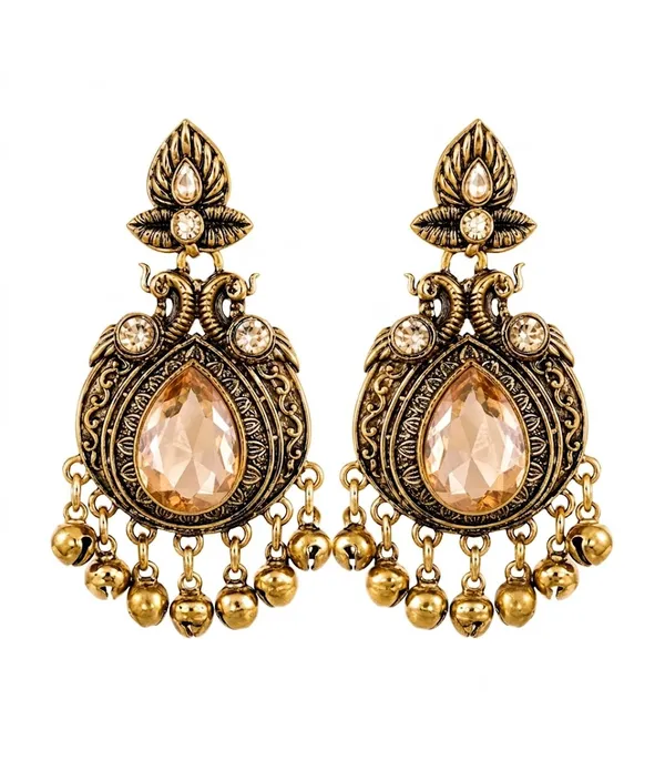 Yatiskar_Ethnic_Indian_Antique_Gold_Jhumka_Earrings_|_Champagne_Crystal_Chandelier_Earrings_with_Dangling_Ghungroos_for_Women_and_Girls
