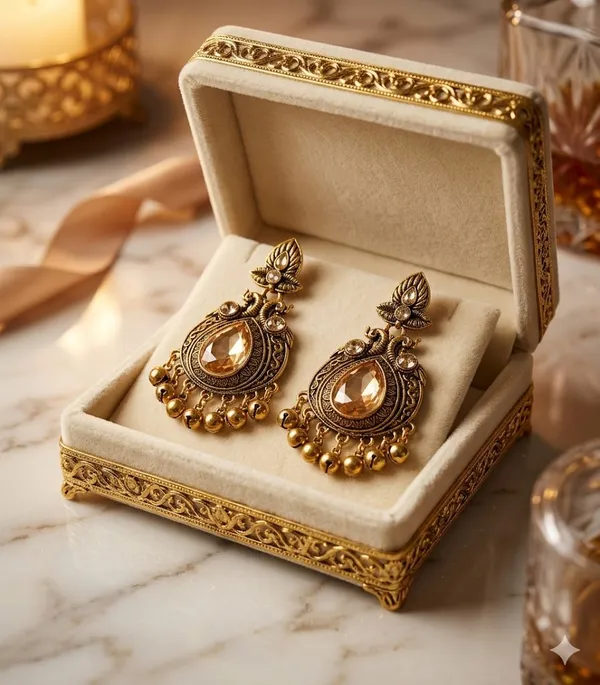 Yatiskar_Ethnic_Indian_Antique_Gold_Jhumka_Earrings_|_Champagne_Crystal_Chandelier_Earrings_with_Dangling_Ghungroos_for_Women_and_Girls