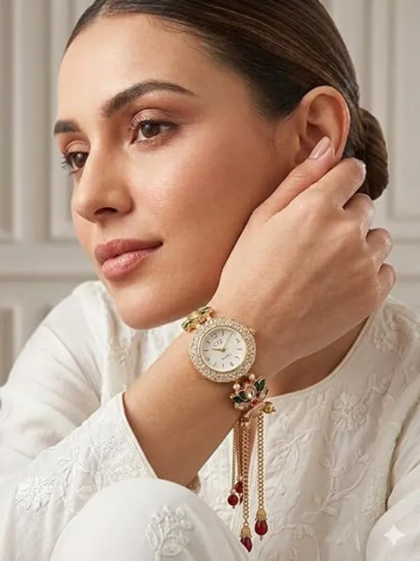 Yatiskar_Handcrafted_Kashmiri_Ethnic_Watch_for_Girls_and_Women_|_Traditional_Kundan_&_Meenakari_Work_with_Pearl_Tassels_|_Designer_Jewelry_Wristwatch_for_Weddings,_Festivals_&_Gifting