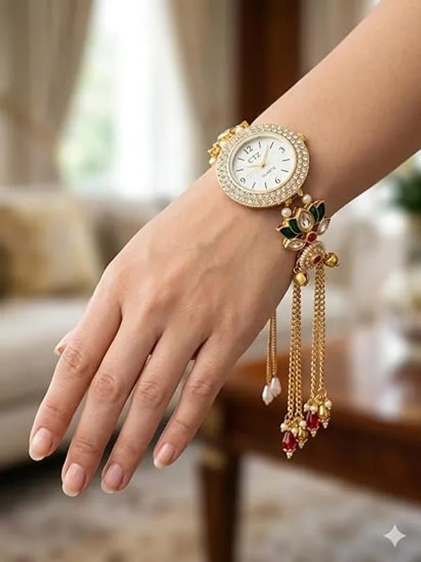 Yatiskar_Handcrafted_Kashmiri_Ethnic_Watch_for_Girls_and_Women_|_Traditional_Kundan_&_Meenakari_Work_with_Pearl_Tassels_|_Designer_Jewelry_Wristwatch_for_Weddings,_Festivals_&_Gifting