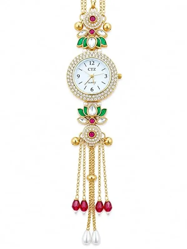 Yatiskar_Handcrafted_Kashmiri_Ethnic_Watch_for_Girls_and_Women_|_Traditional_Kundan_&_Meenakari_Work_with_Pearl_Tassels_|_Designer_Jewelry_Wristwatch_for_Weddings,_Festivals_&_Gifting
