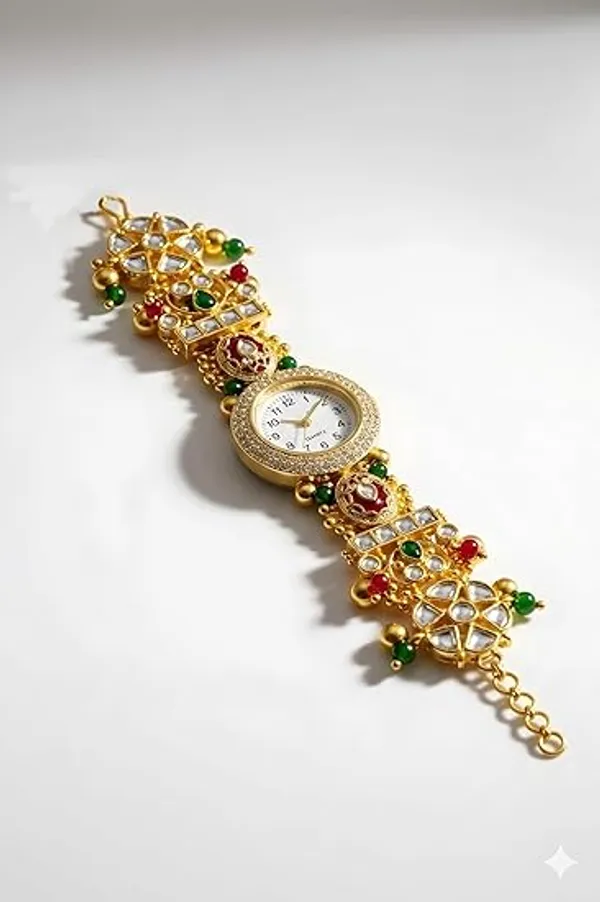 Yatiskar_Kashmiri_Meenakari_Round_Dial_Bracelet_Watch,_Gold_Tone,_Red_and_Green_Kundan,_Traditional_Indian_Jewellery_Style