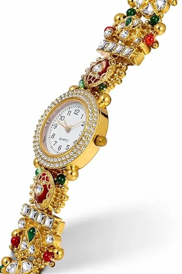 Yatiskar_Kashmiri_Meenakari_Round_Dial_Bracelet_Watch,_Gold_Tone,_Red_and_Green_Kundan,_Traditional_Indian_Jewellery_Style