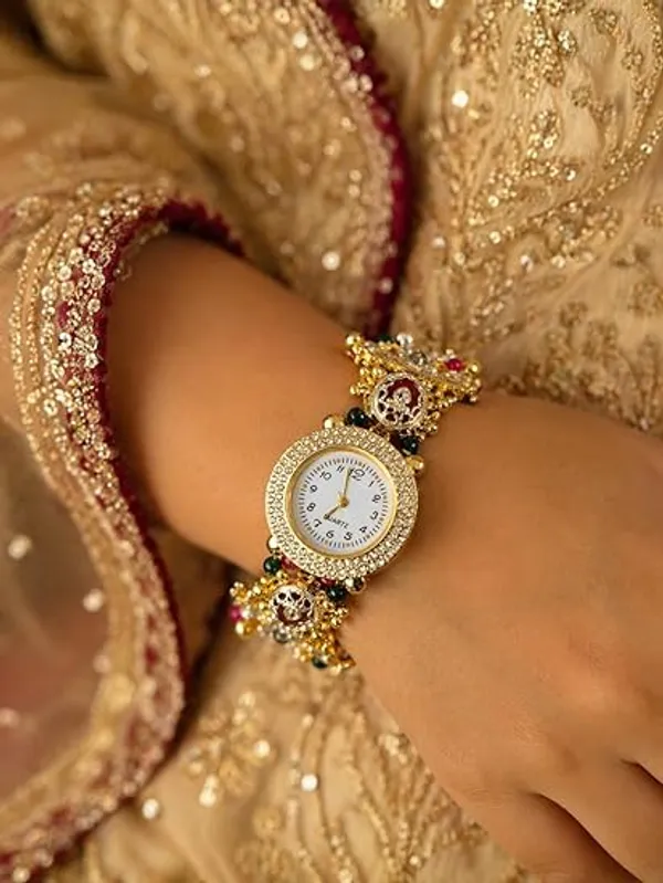 Yatiskar_Kashmiri_Meenakari_Round_Dial_Bracelet_Watch,_Gold_Tone,_Red_and_Green_Kundan,_Traditional_Indian_Jewellery_Style