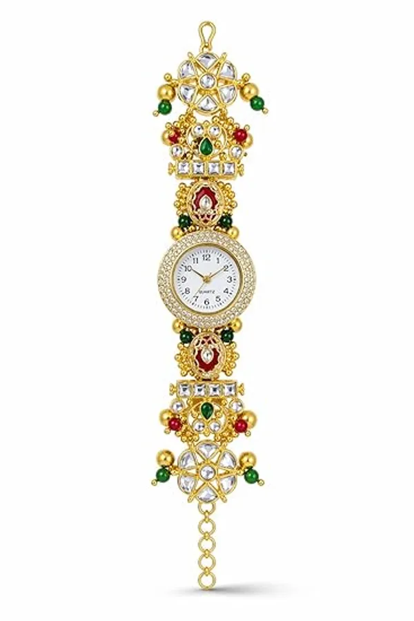 Yatiskar_Kashmiri_Meenakari_Round_Dial_Bracelet_Watch,_Gold_Tone,_Red_and_Green_Kundan,_Traditional_Indian_Jewellery_Style