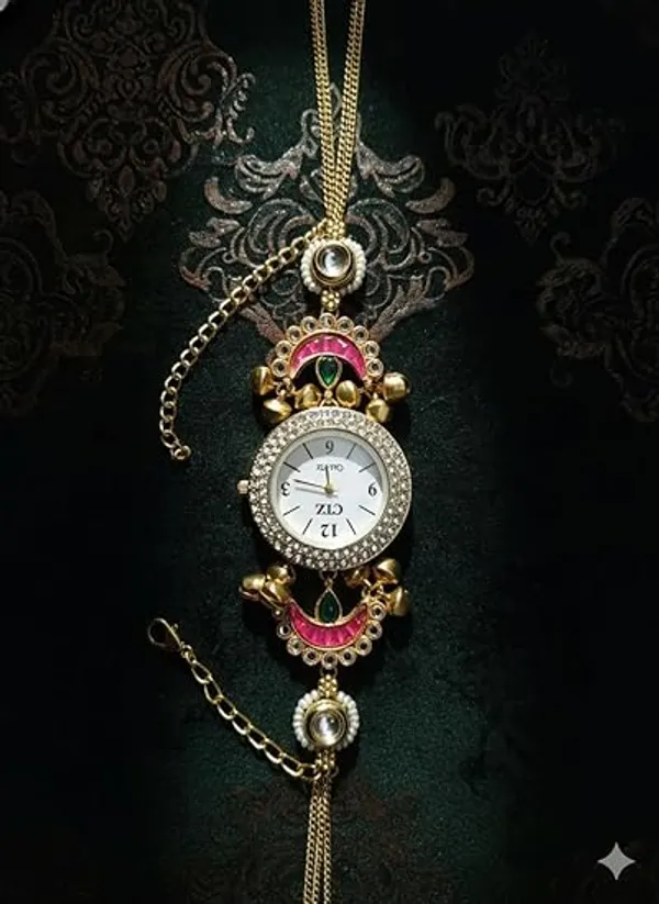 Yatiskar_Meenakari_Round_Dial_Bracelet_Watch,_Gold_Tone_with_Pink_and_Green_Stones,_Traditional_Indian_Jewelry_Style