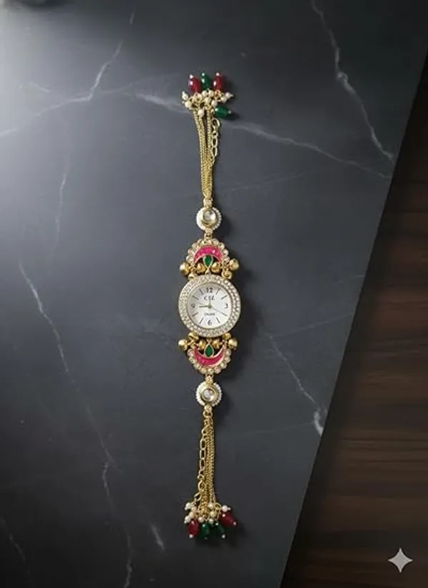 Yatiskar_Meenakari_Round_Dial_Bracelet_Watch,_Gold_Tone_with_Pink_and_Green_Stones,_Traditional_Indian_Jewelry_Style