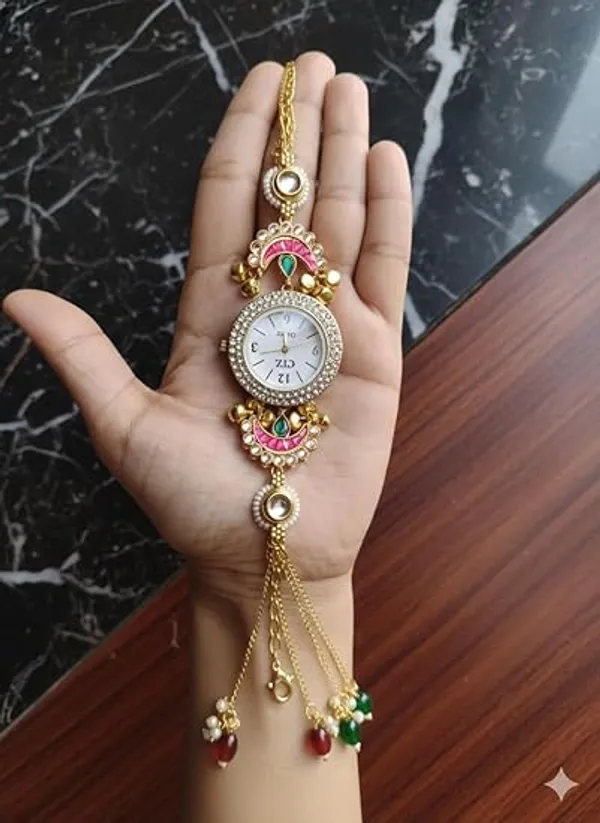 Yatiskar_Meenakari_Round_Dial_Bracelet_Watch,_Gold_Tone_with_Pink_and_Green_Stones,_Traditional_Indian_Jewelry_Style