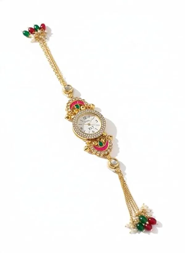 Yatiskar_Meenakari_Round_Dial_Bracelet_Watch,_Gold_Tone_with_Pink_and_Green_Stones,_Traditional_Indian_Jewelry_Style