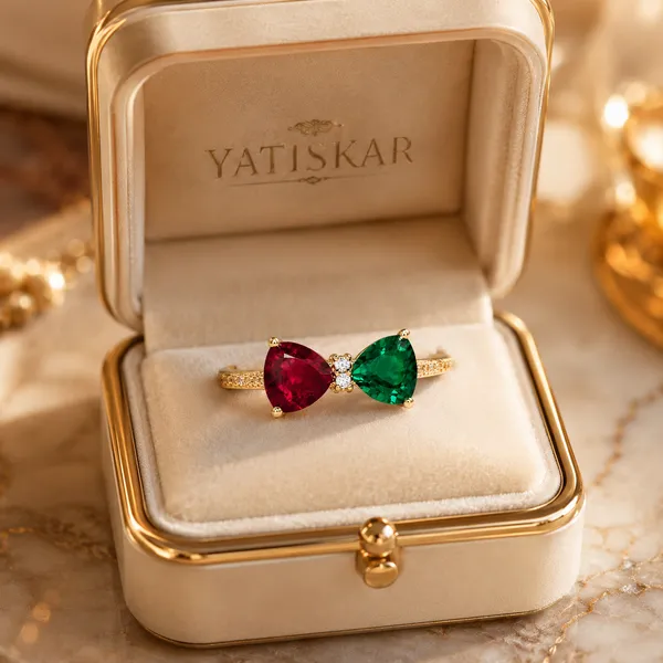 Yatiskar™_Gold_Plated_Dual_Stone_Open_Band_Ring_with_Pear-Cut_Ruby_Red_&_Emerald_Green_CZ_Crystals,_Romantic_Promise_Jewelry_Gift