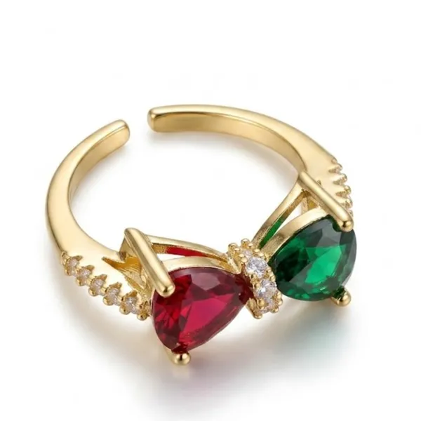 Yatiskar™_Gold_Plated_Dual_Stone_Open_Band_Ring_with_Pear-Cut_Ruby_Red_&_Emerald_Green_CZ_Crystals,_Romantic_Promise_Jewelry_Gift