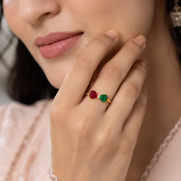 Yatiskar™_Gold_Plated_Dual_Stone_Open_Band_Ring_with_Pear-Cut_Ruby_Red_&_Emerald_Green_CZ_Crystals,_Romantic_Promise_Jewelry_Gift