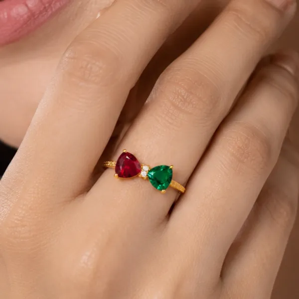 Yatiskar™_Gold_Plated_Dual_Stone_Open_Band_Ring_with_Pear-Cut_Ruby_Red_&_Emerald_Green_CZ_Crystals,_Romantic_Promise_Jewelry_Gift