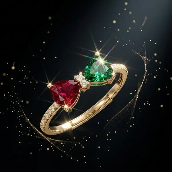 Yatiskar™_Gold_Plated_Dual_Stone_Open_Band_Ring_with_Pear-Cut_Ruby_Red_&_Emerald_Green_CZ_Crystals,_Romantic_Promise_Jewelry_Gift