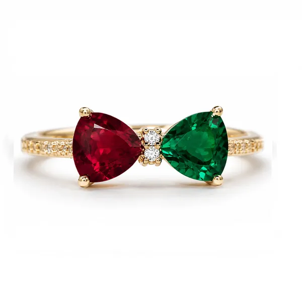 Yatiskar™_Gold_Plated_Dual_Stone_Open_Band_Ring_with_Pear-Cut_Ruby_Red_&_Emerald_Green_CZ_Crystals,_Romantic_Promise_Jewelry_Gift