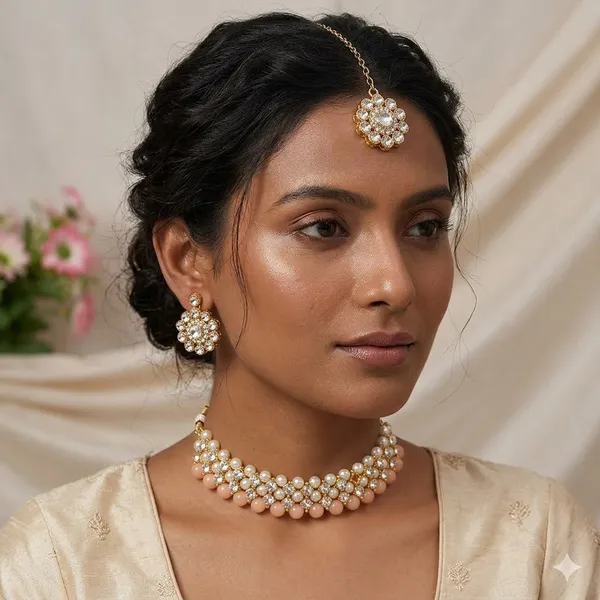 Golden_Pearl_And_Peach_Stone_Choker_Necklace_Set_With_Maang_Tikka_And_Earrings