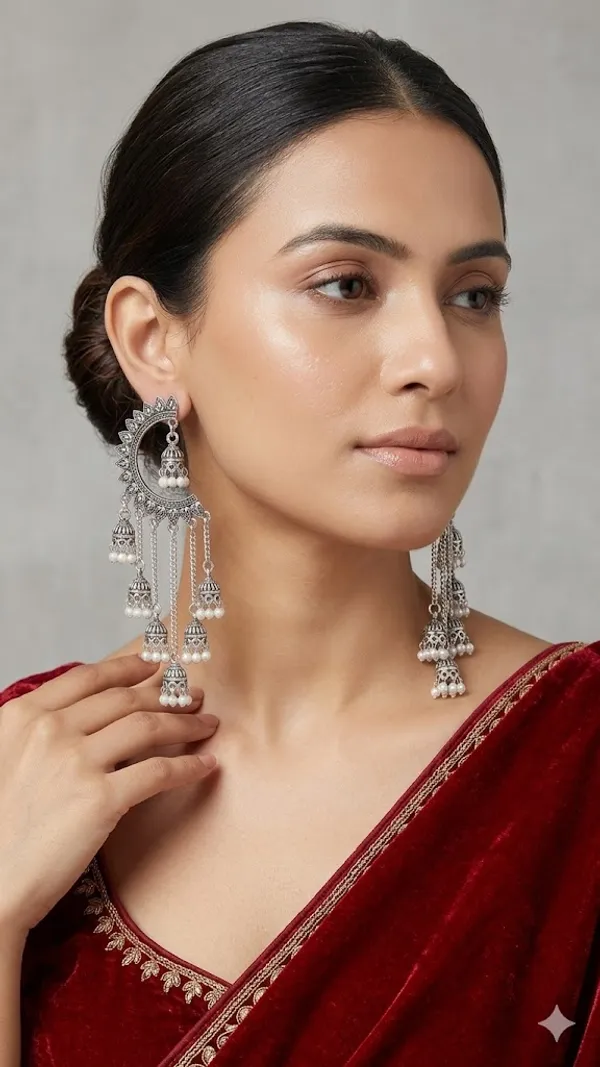 Oxidized_Silver_Chandbali_Earrings_With_Multi_Layered_Jhumka_Drops_And_Pearl_Accents