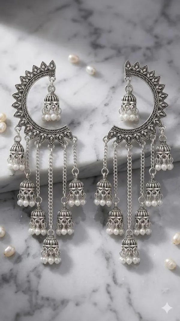 Oxidized_Silver_Chandbali_Earrings_With_Multi_Layered_Jhumka_Drops_And_Pearl_Accents