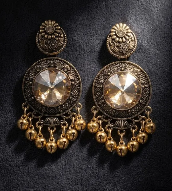 Antique_Gold_Plated_Chandbali_Earrings_With_Champagne_Crystal_Stone_And_Golden_Beads