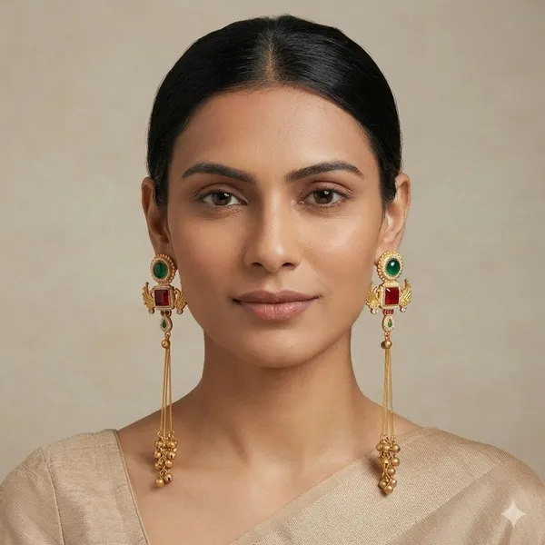 Antique_Gold_Plated_Long_Earrings_With_Green_And_Red_Gemstones