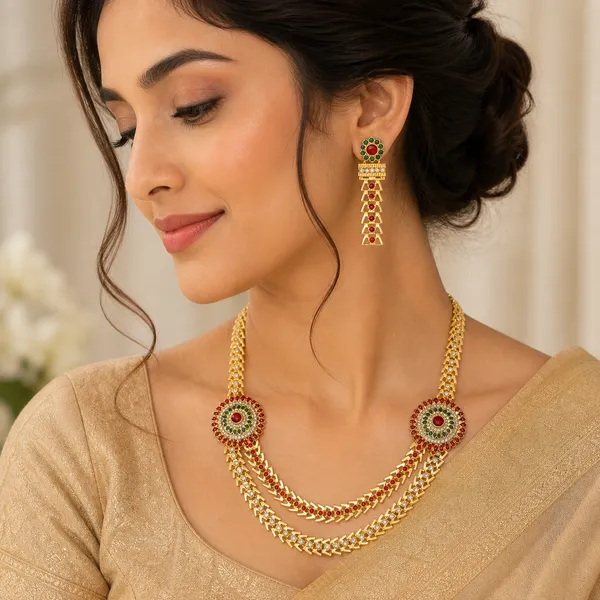 Antique_Gold_Plated_Kundan_Necklace_Set_With_Red_And_Green_Stones