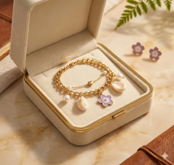 Golden_Chain_Bracelet_With_Pearl_And_Purple_Flower_Charms
