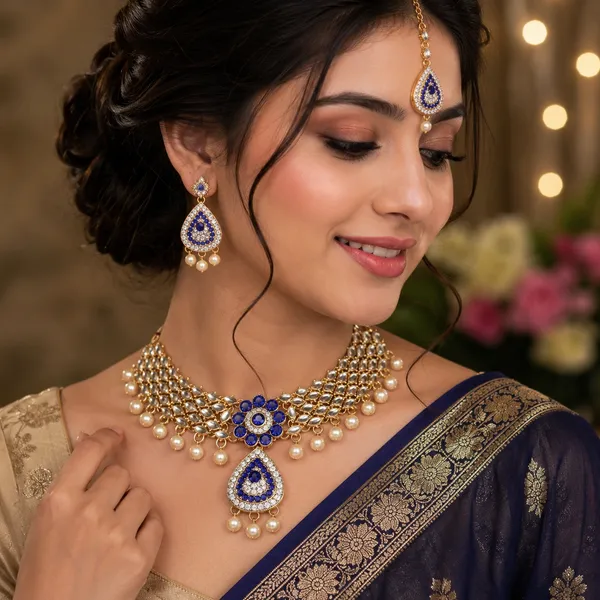 Traditional_Blue_Stone_Kundan_Choker_Necklace_Set_With_Maang_Tikka_And_Earrings