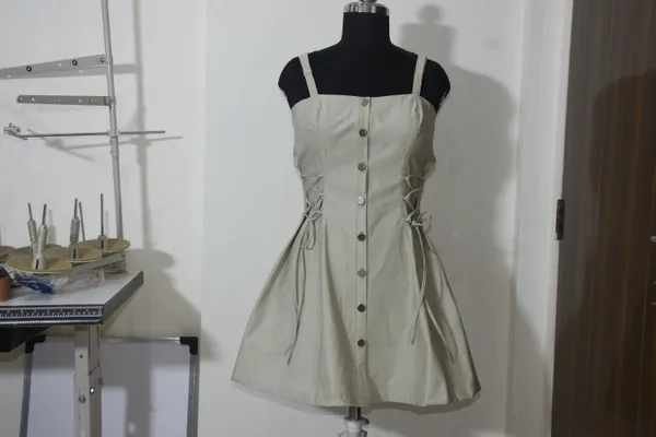 Essence_Button_Front_Mini_Dress_Lace_Up_Details_Beige