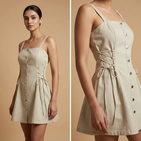 Essence_Button_Front_Mini_Dress_Lace_Up_Details_Beige