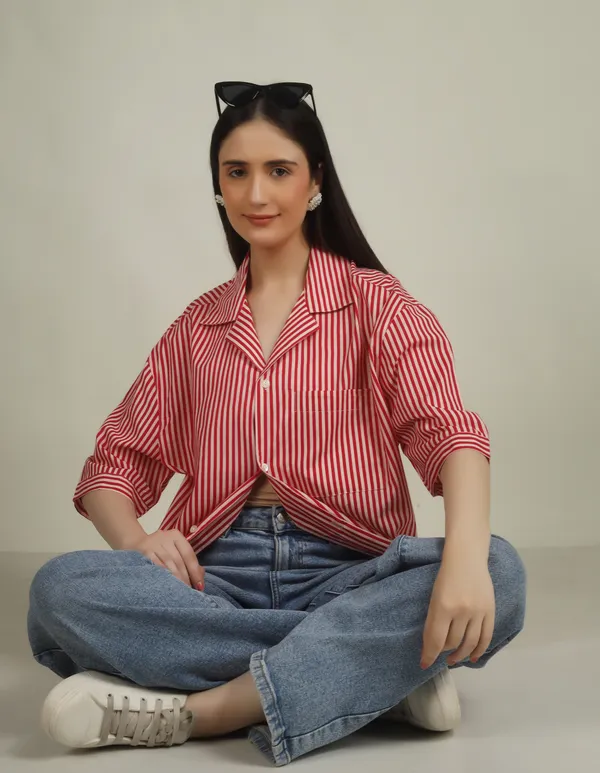 Red_Cotton_Oversized_Striped_Shirt_For_Women