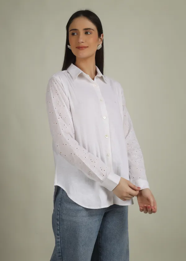 White_Cotton_Relaxed_Fit_Embellished_Sleeve_Shirt_For_Women
