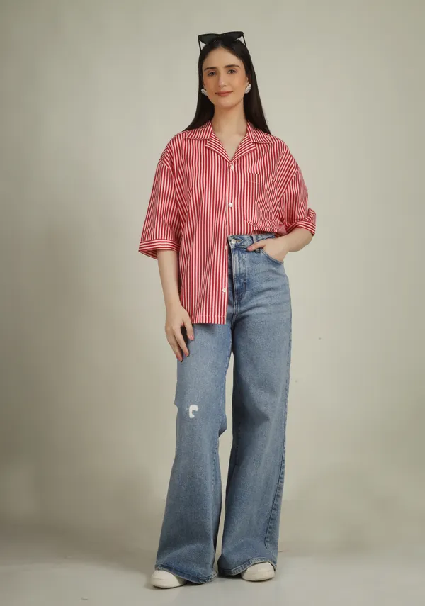 Red_Cotton_Oversized_Striped_Shirt_For_Women