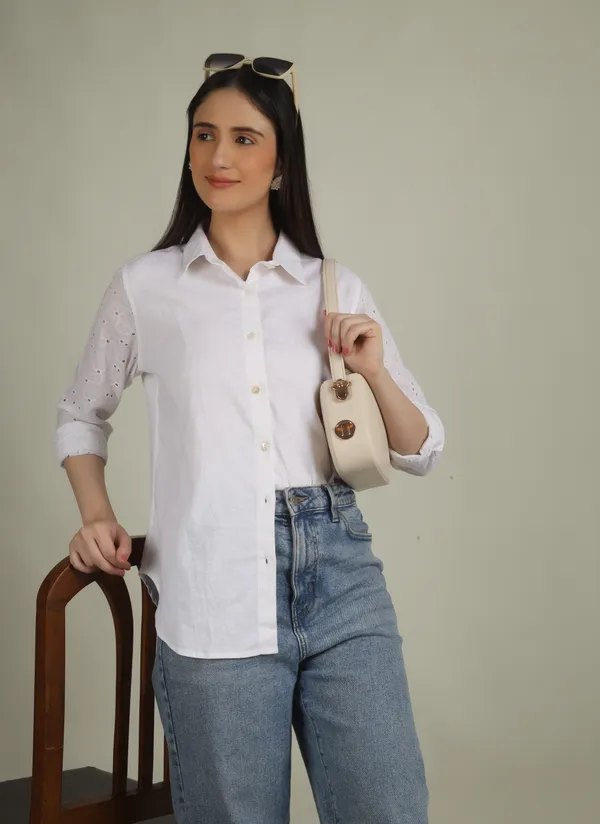 White_Cotton_Relaxed_Fit_Embellished_Sleeve_Shirt_For_Women