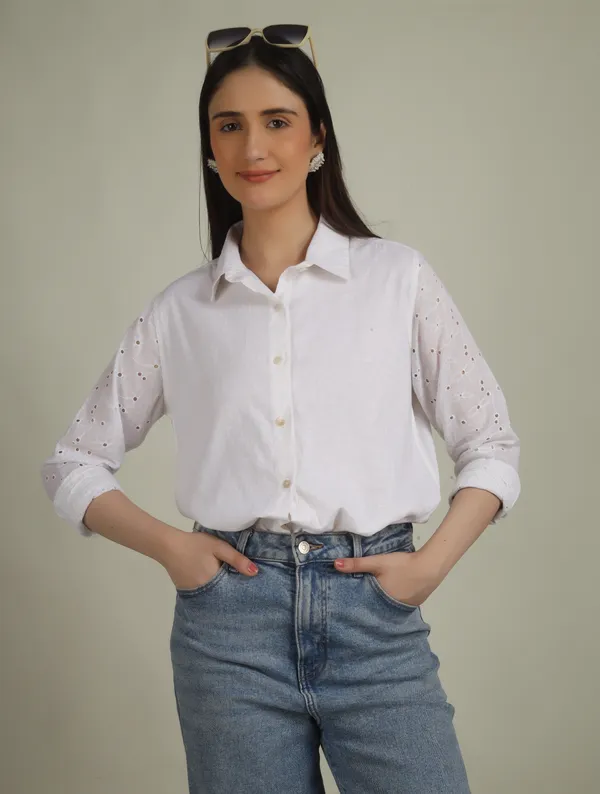 White_Cotton_Relaxed_Fit_Embellished_Sleeve_Shirt_For_Women