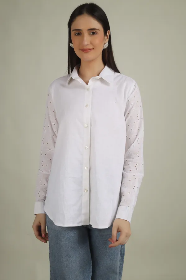 White_Cotton_Relaxed_Fit_Embellished_Sleeve_Shirt_For_Women