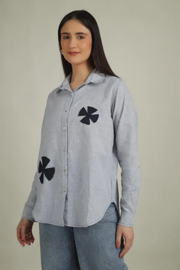 Grey_Cotton_Oversized_Striped_Clover_Applique_Shirt_For_Women