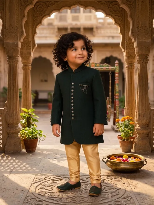 Boys_Dark_Green_Ethnic_Sherwani_Set_with_Golden_Churidar