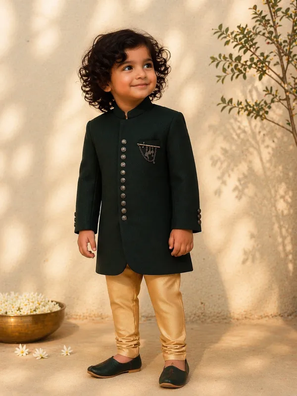 Boys_Dark_Green_Ethnic_Sherwani_Set_with_Golden_Churidar